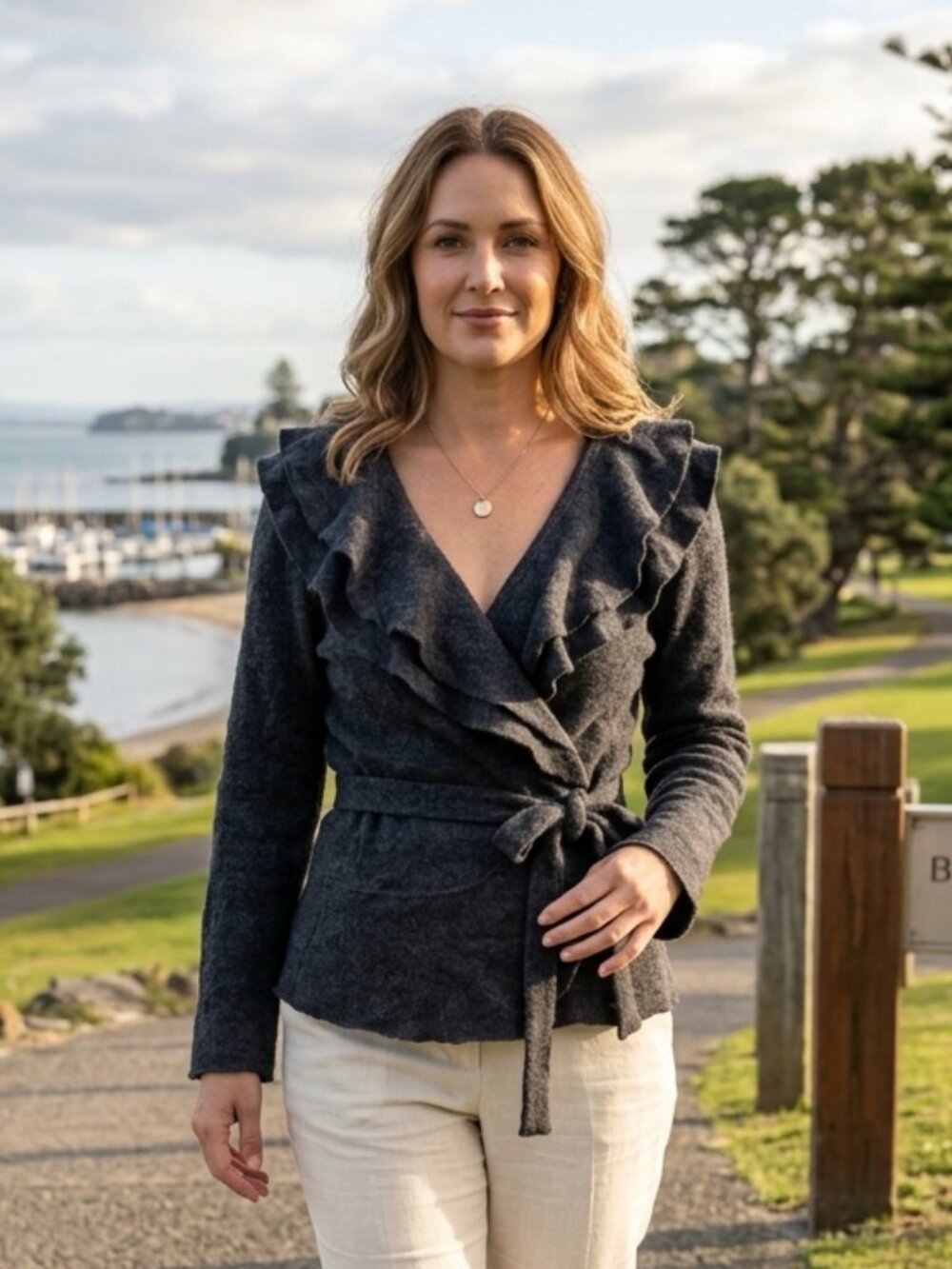 Bellissima Fashions 100% Wool Dark Grey Wrap Cardigan with Ruffles